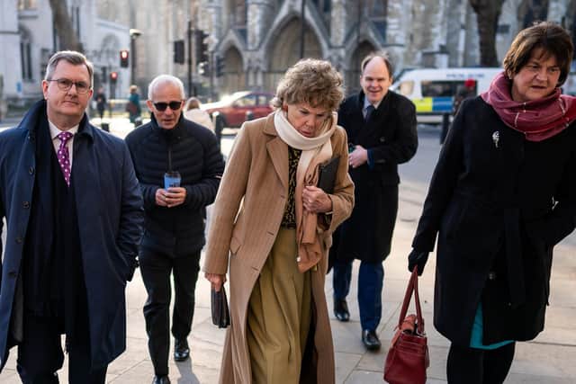 (left to right) DUP leader Sir Jeffrey Donaldson, Baroness Kate Hoey, and former first minister Dame Arlene Foster outside the UK Supreme Court in London, where judges are delivering a ruling on the lawfulness of the Northern Ireland Protocol. The legality of the contentious trading arrangements has been challenged by a collective of unionists and Brexiteers. The protocol, which is a key aspect of the Brexit Withdrawal Agreement, was jointly designed by London and Brussels to keep Ireland's land border free flowing following the UK's departure from the EU. Picture date: Wednesday February 8, 2023. PA Photo. Arguments were considered by the UK's highest court at a two-day hearing last year after the Court of Appeal upheld a ruling in Belfast High Court dismissing the legal challenge. See PA story COURTS Brexit. Photo credit should read: Aaron Chown/PA Wire




 		