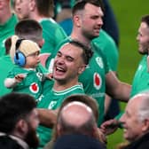 Ireland's James Lowe during celebrations after victory over Scotland wrapped up back-to-back Guinness Six Nations honours at the Aviva Stadium, Dublin. (Photo by Brian Lawless/PA Wire)