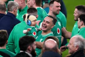 Ireland's James Lowe during celebrations after victory over Scotland wrapped up back-to-back Guinness Six Nations honours at the Aviva Stadium, Dublin. (Photo by Brian Lawless/PA Wire)