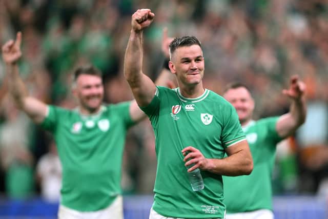Johnny Sexton of Ireland celebrates victory after defeating South Africa during the Rugby World Cup France 2023 match between South Africa and Ireland at Stade de France in Paris, France. (Photo by Laurence Griffiths/Getty Images)