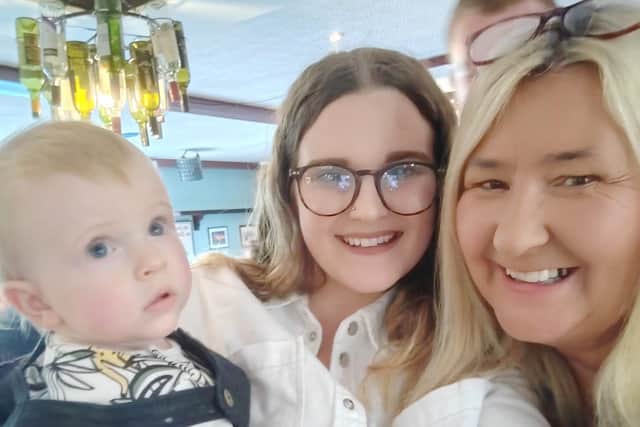 From left, Isaac and Shannon Railton and Tracey McNickle, Coordinator at Carrick Connect. Shannon has offered her best wishes to Princess Catherine - who nursed her son briefly in 2022 - after she was diagnosed with cancer.