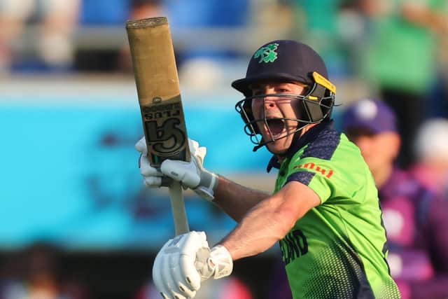 Ireland's Curtis Campher celebrates victory during the ICC Twenty20 World Cup match against Scotland at Bellerive Oval in Hobart
