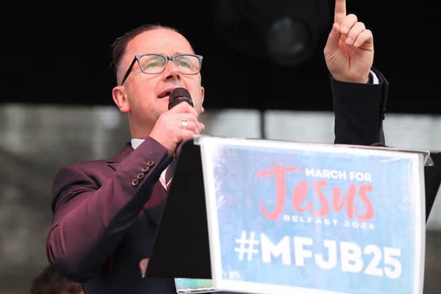 Pastor John Ahern, who organised parades in Belfast and Dublin, is seen here speaking in Belfast in August. Photo: Press Eye.