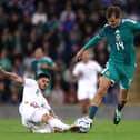 Hungary's Attila Osvath (left) and Northern Ireland's Isaac Price battle in Belfast across the UEFA Nations League. (Photo by Liam McBurney/PA Wire)