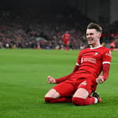 Liverpool's Conor Bradley celebrates scoring his first goal in a 4-1 Premier League win over Chelsea at Anfield