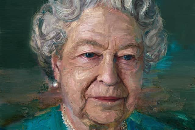 Detail from portrait of Queen Elizabeth II by Colin Davidson who attended Buckingham Palace in 2016 when the Queen sat for a two-hour sitting so that the artist could make sketches and take photographs of the monarch, who chose to wear a turquoise blue day dress for the occasion, afterwhich he spent six months completing the work in his characteristic oil on canvas. The painting remains on display in London's Crosby Hall
