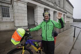 TV presenter Timmy Mallett visiting the Parliament Buildings at Stormont as part of his fundraising cycle tour of the UK