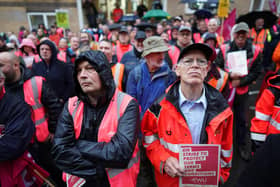 Postal workers, Openreach engineers and call centre staff listening to speeches at a mass rally outside Brighton Delivery Office during Communication Workers Union strike action. Picture date: Thursday October 20, 2022.