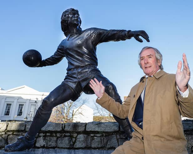 Legendary goalkeeper Pat Jennings pictured at the official unveiling of his statue in Kildare Street, Newry on Wednesday morning
