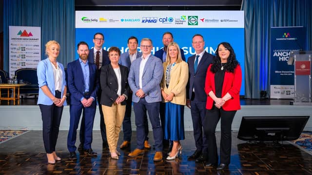 Three well-renowned and respected manufacturing leaders from Northern Ireland have been announced as the latest inductees to the Northern Ireland Manufacturing Hall of Fame. Pictured are John Mathers, director, Barclays, Barry Winkless, CPL, Peter Creighton, Reliance, Aodheen Dougan, Manufacturing NI, Alan Lavery, KPMG, Grainne McVeigh, Invest NI, Chris Guy, Mills Selig, Mary Meehan, deputy chief executive, Manufacturing NI, Stephen Kelly, chief executive, Manufacturing NI and Rachel Doherty, Anchor High Summit director pictured at the Anchor High Summit