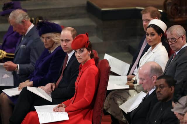 The then Duke and Duchess of Cambridge (now the Prince and Princess of Wales) (foreground centre), sitting with the then Duchess of Cornwall (now the Queen Consort) and the then Prince Charles (now King Charles III) (front row), Prince Andrew (background right) and the Duke and Duchess of Sussex at the Commonwealth Service at Westminster Abbey, London. The Duke of Sussex has claimed his father was jealous of both his wife, Meghan, and his sister-in-law, the Princess of Wales, in his memoir. Harry reportedly said the reason his father supposedly said he did not "have money to spare" to financially support him and his wife Meghan was because the King feared the "novel and resplendent" American actress would steal his limelight. Issue date: Saturday January 7, 2023.