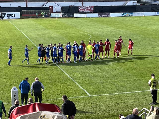 Portadown and Limavady United players before Premiership kick-off at Shamrock Park. (Photo by Iconic Media Group)