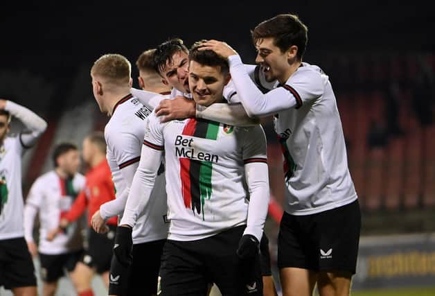 Glentoran players had plenty to celebrate on Friday night with a 4-0 derby win over Linfield across the Sports Direct Premiership. (Photo by INPHO/Stephen Hamilton)