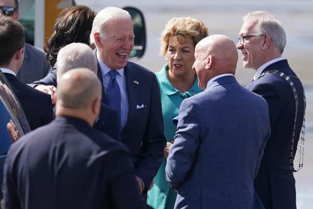 US President Joe Biden is wlecomed as he arrives at Ireland West Airport Knock, in County Mayo, on the last day of his visit to the island of Ireland. Picture date: Friday April 14, 2023.