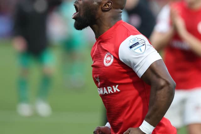 Larne's Fuad Sule celebrates their weekend win over Cliftonville