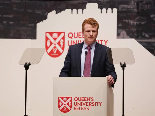 US Special Envoy to Northern Ireland for Economic Affairs, Congressman Joe Kennedy III speaking during the international conference to mark the 25th anniversary of the Belfast/Good Friday Agreement, at Queen's University Belfast. Picture date: Wednesday April 19, 2023.