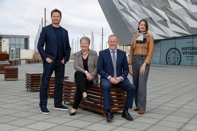 Tourism has the greatest potential of any sector in the local economy to drive growth in all regions of Northern Ireland, a major industry event was told today. Pictured is Alice Mansergh, chief executive of Tourism Ireland, Economy Minister Conor Murphy, Ellvena Graham, chair of Tourism Northern Ireland and George Clarke, architect and television presenter