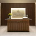 The interior of the showroom has been designed by Rolex and features a series of spaces offering formal and informal client areas. Decorative elements include Verde Alpi (a distinctive green marble quarried in the Italian Alps), feature light fittings, walnut wood panelling, bespoke Rolex furniture and a unique stucco relief of the Giant’s Causeway