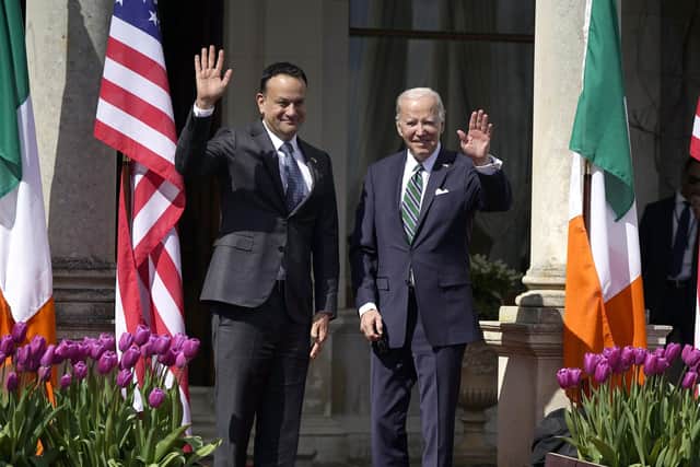 US President Joe Biden is welcomed by Taoiseach Leo Varadkar at Farmleigh House, Dublin, on day three of his visit to the island of Ireland. Picture date: Thursday April 13, 2023.