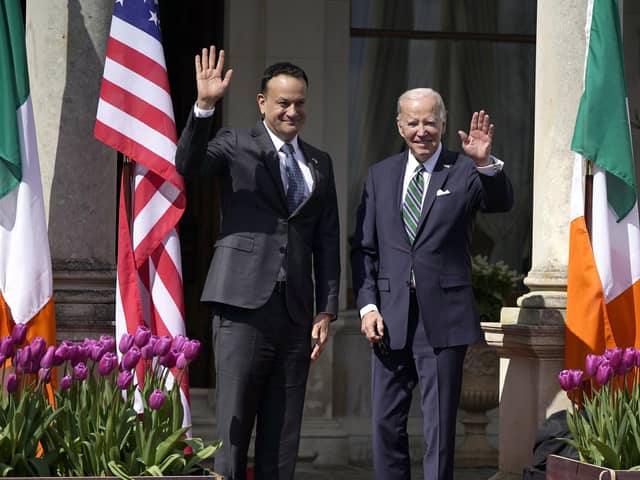 US President Joe Biden is welcomed by Taoiseach Leo Varadkar at Farmleigh House, Dublin, on day three of his visit to the island of Ireland. Picture date: Thursday April 13, 2023.