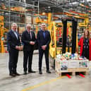 Hyster has donated its 500,000th forklift to Mallusk-based FareShare, part of the UK’s longest running food redistribution charity.Pictured are Wim Van Dam, VP Manufacturing & Logistics, Hyster, Roger Wilson, chief executive Armagh, Banbridge, Craigavon Council, Darren Johnston, Hyster Craigavon Plant manager, Roisin Colohan, operations manager, FareShare, alderman Margaret Tinsley, Lord Mayor Armagh, Banbridge, Craigavon, Alan Humphries, the longest serving Craigavon plant employee, Stewart D Murdoch, senior vice president, managing director, EMEA, Hyster