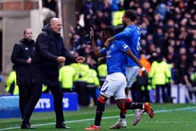 Rangers' Rabbi Matondo celebrates with manager Philippe Clement plus team-mate Connor Goldson in the cinch Premiership draw with Celtic at Ibrox. (Photo by Jane Barlow/PA Wire)