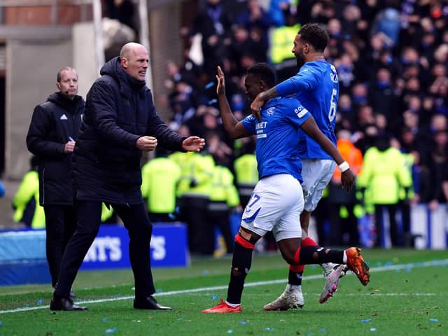 Rangers' Rabbi Matondo celebrates with manager Philippe Clement plus team-mate Connor Goldson in the cinch Premiership draw with Celtic at Ibrox. (Photo by Jane Barlow/PA Wire)