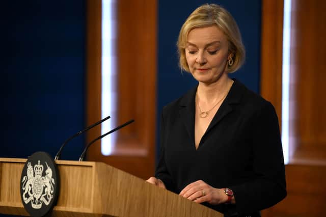 Prime Minister Liz Truss during a press conference in the briefing room at Downing Street, London. Picture date: Friday October 14, 2022: Daniel Leal/PA Wire