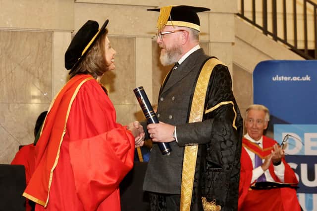 Speaker Emerita Dr Nancy Pelosi receives an honorary doctorate from Ulster University’s Chancellor Dr Colin Davidson