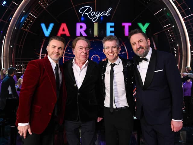 Gary Barlow, Andrew Lloyd Webber, Gareth Malone and Lee Mack pose onstage during the Royal Variety Performance 2022 at the Royal Albert Hall in London