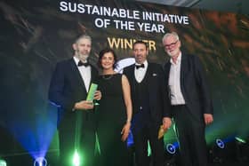 Sustainable Initiative of the Year was won by Ballydown Milk. They are pictured with Ross Jamieson, Director of sponsor RJ Woodland, and compere Tim McGarry.