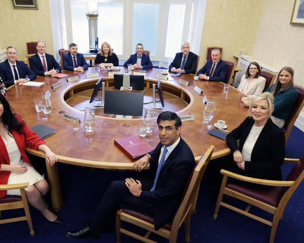 Prime Minister Rishi Sunak and Northern Ireland Secretary Chris Heaton-Harris meeting First Minister Michelle O'Neill, Deputy First Minister Emma Little-Pengelly, and members of the newly-formed Stormont Executive at Stormont Castle in February 2024. ​The Executive has appointed 13 new Special Advisers at an average salary of almost £70,000 each. Photo: Kelvin Boyes/Press Eye/PA Wire