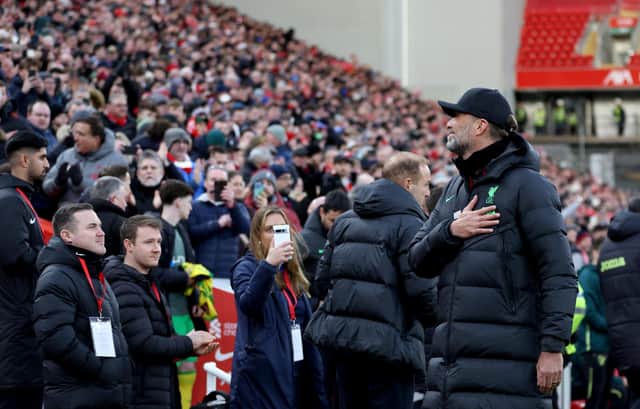 Liverpool manager Jurgen Klopp shows appreciation to fans prior to the Emirates FA Cup fourth-round win over Norwich City at Anfield. (Photo by Clive Brunskill/Getty Images)
