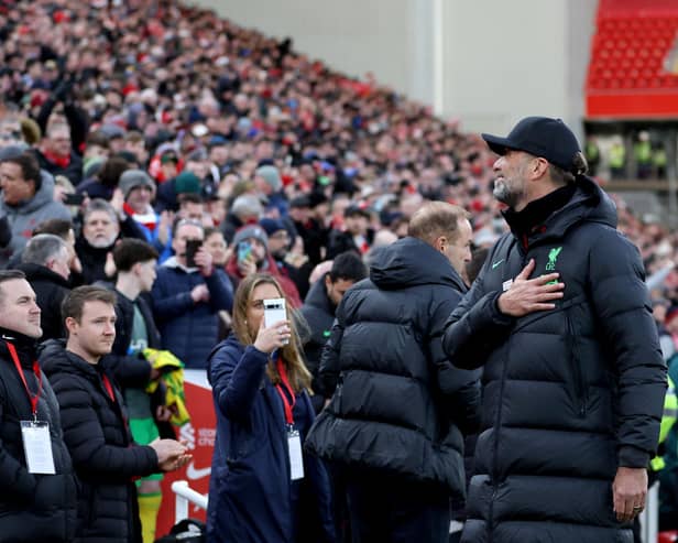 Liverpool manager Jurgen Klopp shows appreciation to fans prior to the Emirates FA Cup fourth-round win over Norwich City at Anfield. (Photo by Clive Brunskill/Getty Images)
