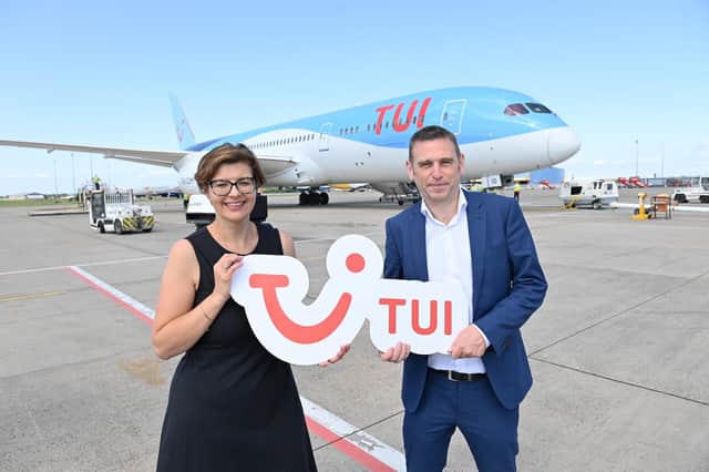 Pictured at Belfast International Airport with TUI’s own Boeing 787 Dreamliner are (l-r) Deborah Harris, PR & Marketing Manager, Belfast International Airport and Craig Morgan, Head of Ireland for TUI.