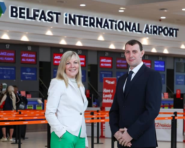 Northern Ireland Chamber of Commerce and Industry (NI Chamber) has announced that Belfast International Airport has joined its growing list of Patron organisations. Pictured is Suzanne Wylie, chief executive, NI Chamber and Dan Owens, chief executive officer, Belfast International Airport