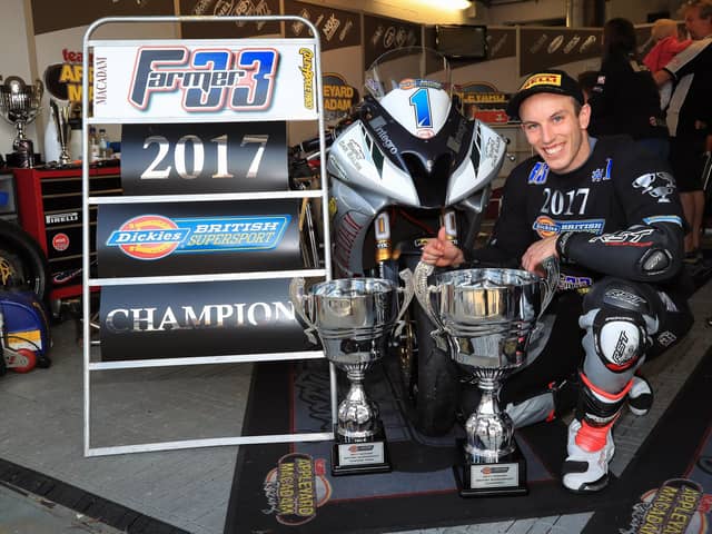 Keith Farmer was a four-time British motorcycling champion. The Co Tyrone man is pictured celebrating his British Supersport Championship victory in 2017 - his third British title.