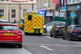 Police in Carrickfergus High Street, Castle Street and part of the Marine Highway close to the town centre following a serious road traffic collision