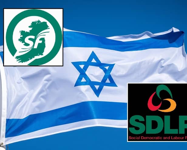 The flag of Israel, and the logos of the SDLP and Sinn Fein