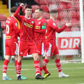 Cliftonville’s Shea Kearney celebrates scoring a goal against Coleraine. PIC: INPHO/Declan Roughan