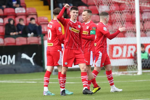 Cliftonville’s Shea Kearney celebrates scoring a goal against Coleraine. PIC: INPHO/Declan Roughan
