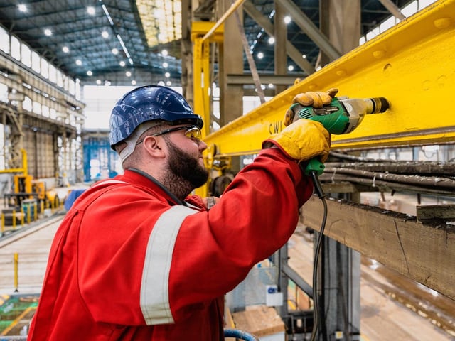 A shipyard worker at Harland & Wolff welding materials in the fabrication hall