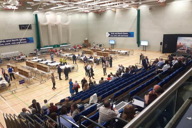 Counting in the council elections at the Aurora Aquatic and Leisure centre in Bangor for the North Down and Ards district council. The final seat tally was Final seat tally: 14 DUP, 12 Alliance, eight UUP, three independents, two Greens and one SDLP. Picture by Ben Lowry