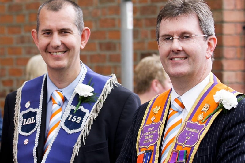 Edwin Poots and Jeffrey Donaldson at the Hillsborough parade in 2010