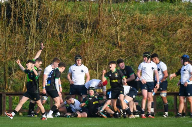 Sullivan Upper players celebrate try success against Methody in Saturday's Schools' Cup quarter-final win at Perrie Park. (Photo by Andrew McCarroll/Pacemaker Press)
