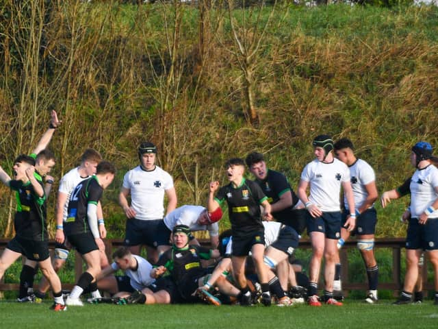 Sullivan Upper players celebrate try success against Methody in Saturday's Schools' Cup quarter-final win at Perrie Park. (Photo by Andrew McCarroll/Pacemaker Press)