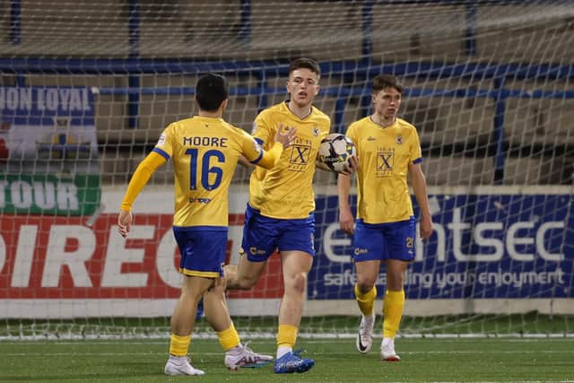 Tomas Galvin celebrates his strike for Dungannon Swifts at The Showgrounds