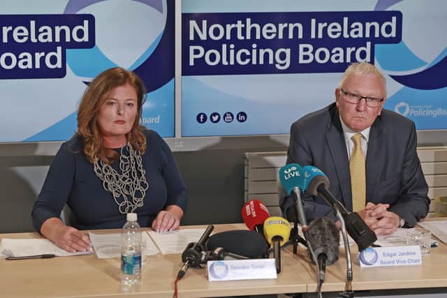 Policing Board Chair Deirdre Toner and Board Vice Chair Edgar Jardine during a press conference following the monthly meeting of the Northern Ireland Policing Board at James House in Belfast, to give an update on the data breach. Photo: Liam McBurney/PA Wire