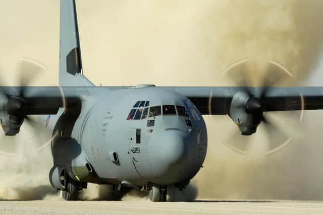 An RAF C130-J Hercules lands at Camp Bastion, Southern Afghanistan. On Wednesday 14 June three of them flew over Aldergrove as part of a day-long UK wide flight path to mark their retirement.
