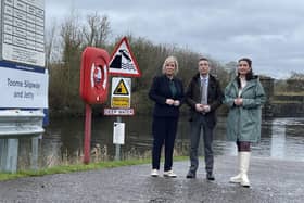 Northern Ireland First Minister Michelle O'Neill (left), Agriculture, Environment and Rural Affairs Minister Andrew Muir and deputy First Minister Emma Little-Pengelly visit the Lock Keepers Cottage in Toome on the edge of Lough Neagh for a meeting with the Lough Neagh Partnership about issues facing the lough